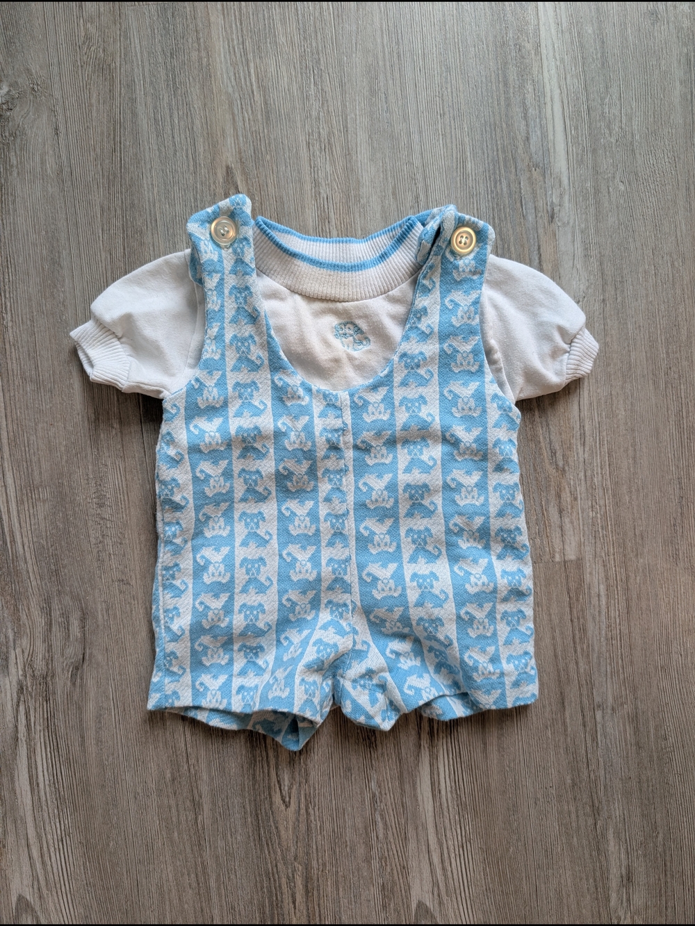 Vintage Health-tex Blue and White Knit Baby Romper Set With Puppies! 12 Mo